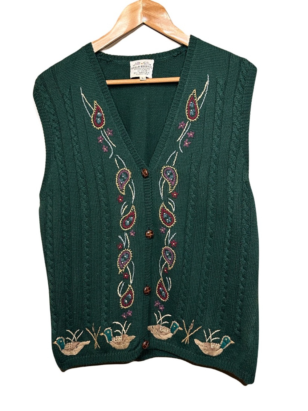 Vintage 90s Hand Embroidered Duck Paisley Cable Knit Cottagecore Sweater Vest